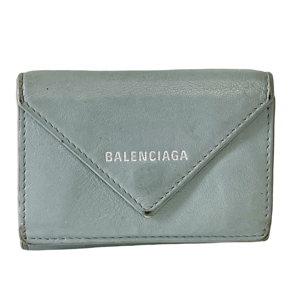Balenciaga blue leather silver logo mini trifold wallet